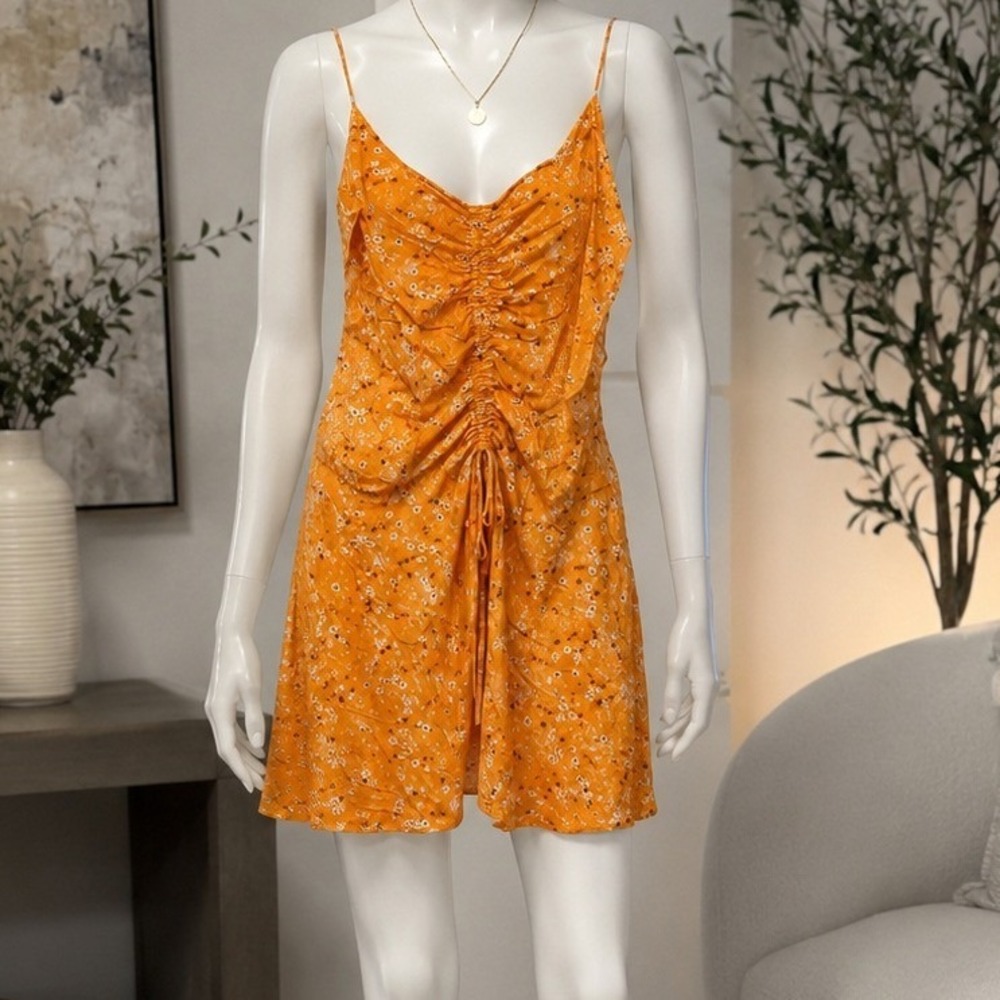 Line & Dot Women Mini Dress Orange Floral Ruched Front Spaghetti Strap Size M